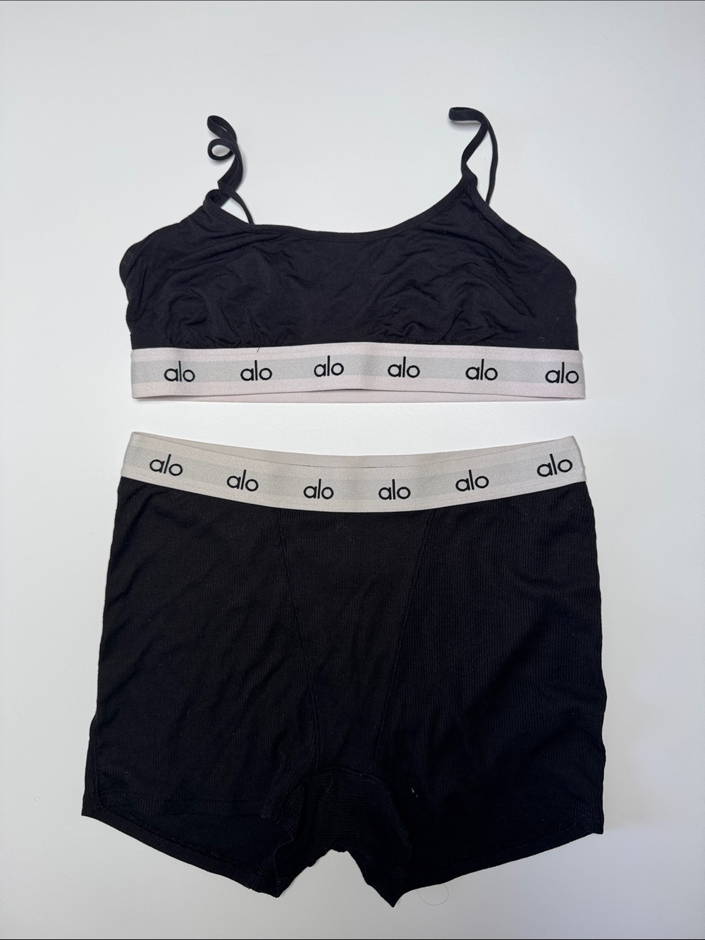 ALO Yoga Black Bralette and Boxer Set with White Logo Band